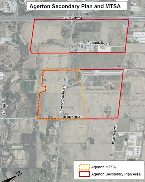 A map of the Agerton Secondary Plan area, straddling Trafalgar south of the 401.