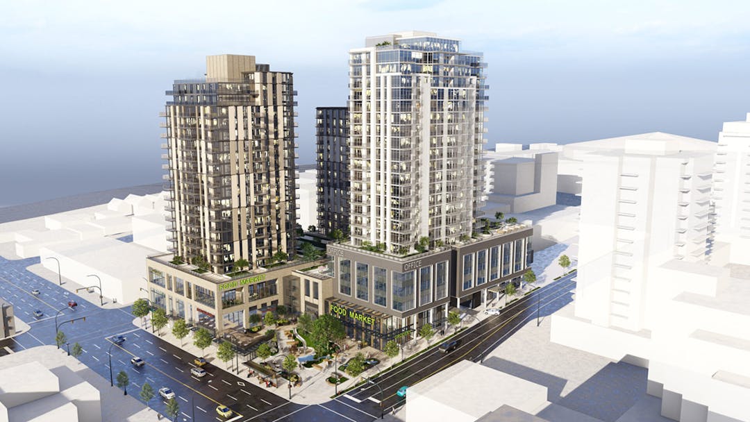 Rendering of Victoria Douglas Street Redevelopment with two towers, food market, office space, and landscaped public areas.