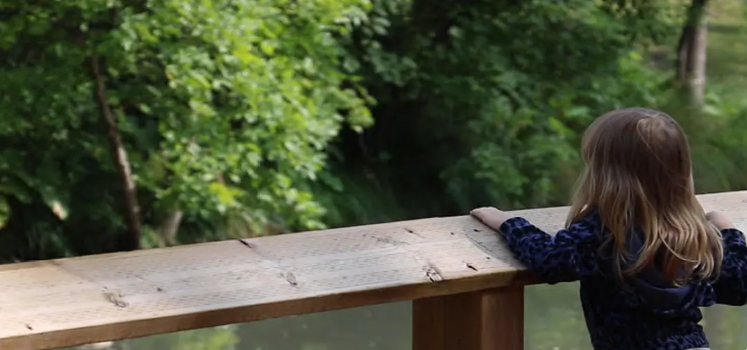 Une enfant sur une passerelle, profitant de la nature tout en regardant la rivière et les arbres. 