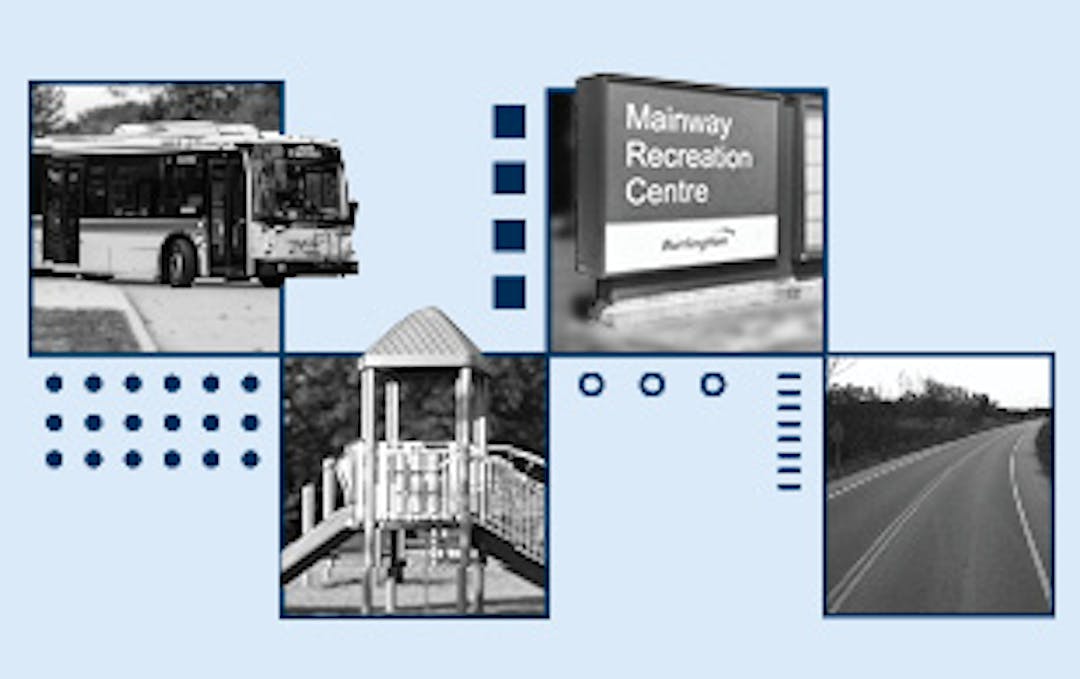 photos of a park, road, bus and city sign