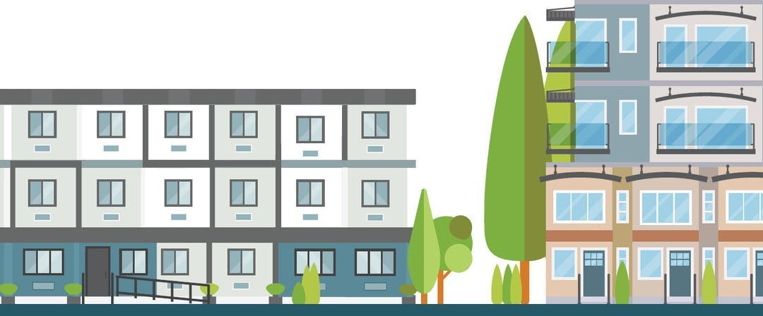 An illustration of a supportive housing building beside a rental apartment.