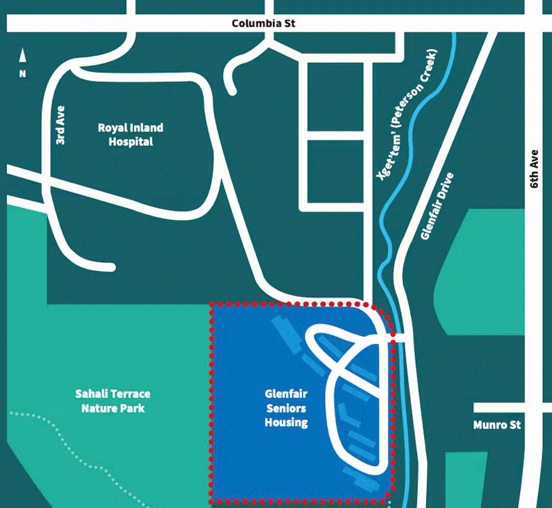 Map showing the location of Glenfair Seniors Housing, outlined with a red dotted border, situated south of Columbia Street and west of Glenfair Drive in Kamloops, BC.
