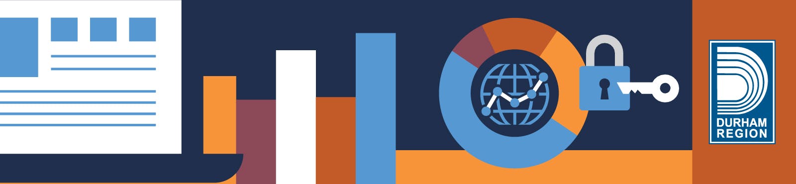 a laptop, graphs, lock and key and the Durham Region logo. 