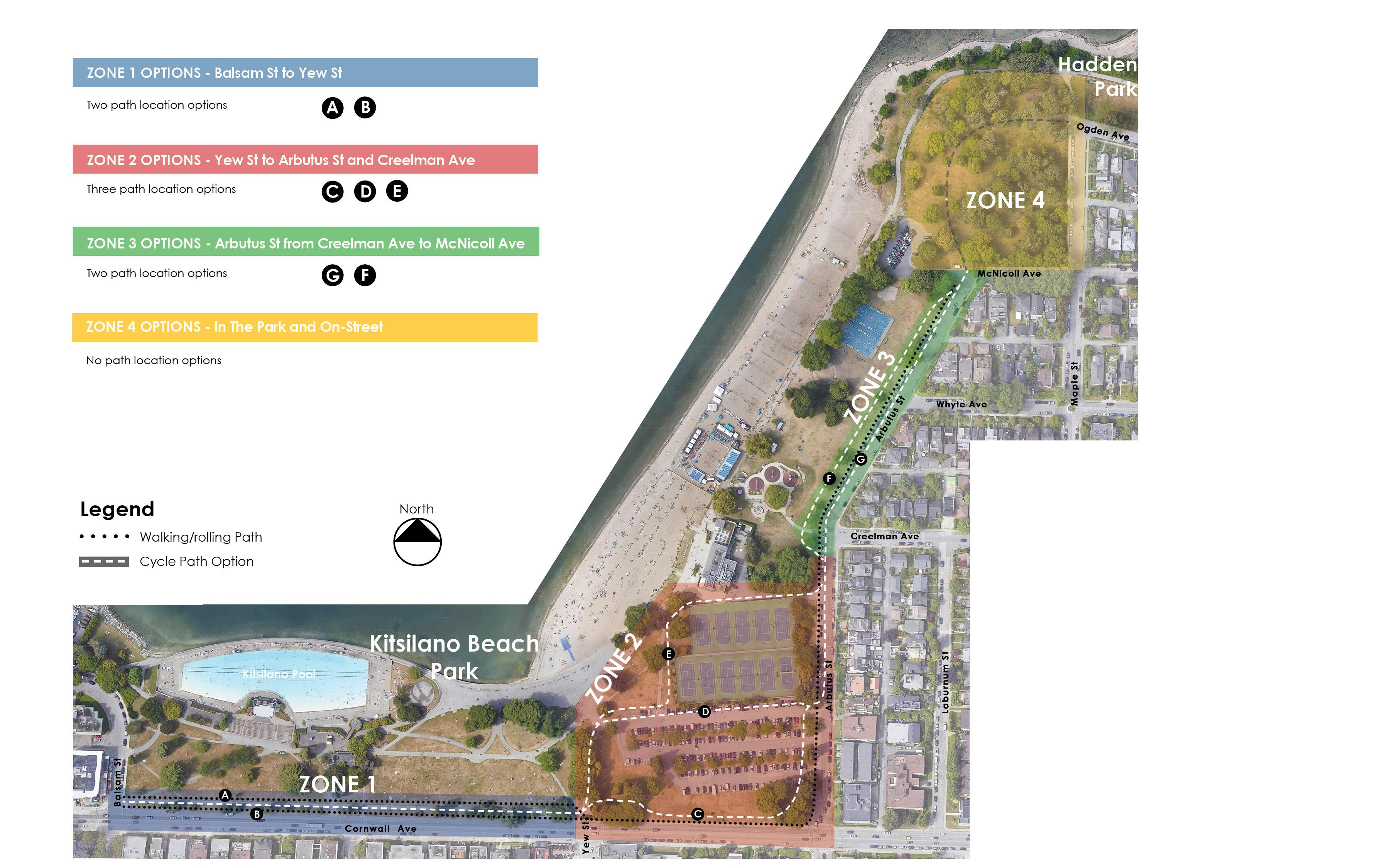 Aerial view map of Kitsilano Beach Park showing different cycle path route options in four zones across different areas of the park.