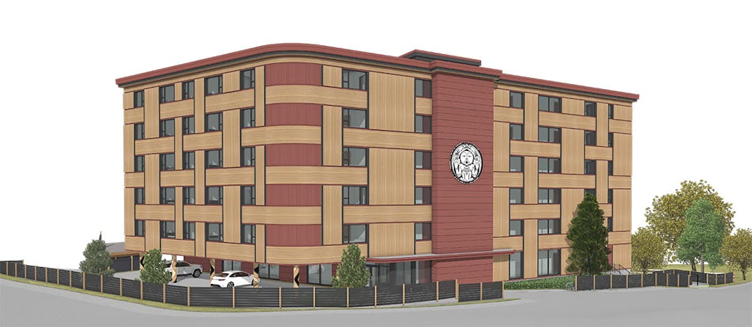Illustration of multistory low rise brown and red building 