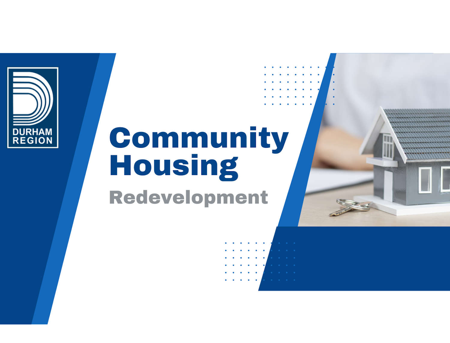 Durham D with an image of a tiny house on a table and the text: Community Housing Redevelopment