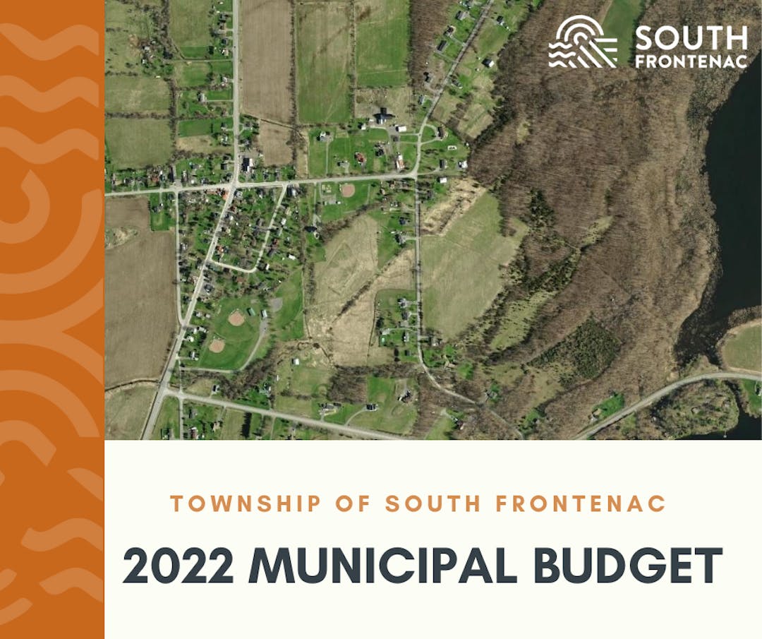 Aerial map of Inverary in South Frontenac with the text - 2022 Pre-Budget Survey