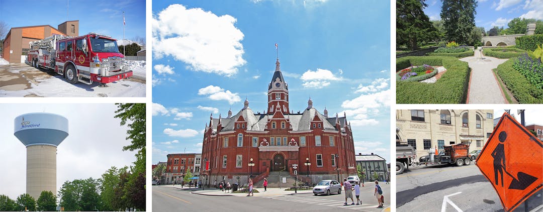 Collage of images showing a fire truck, a water tower, City Hall, a park and roadwork