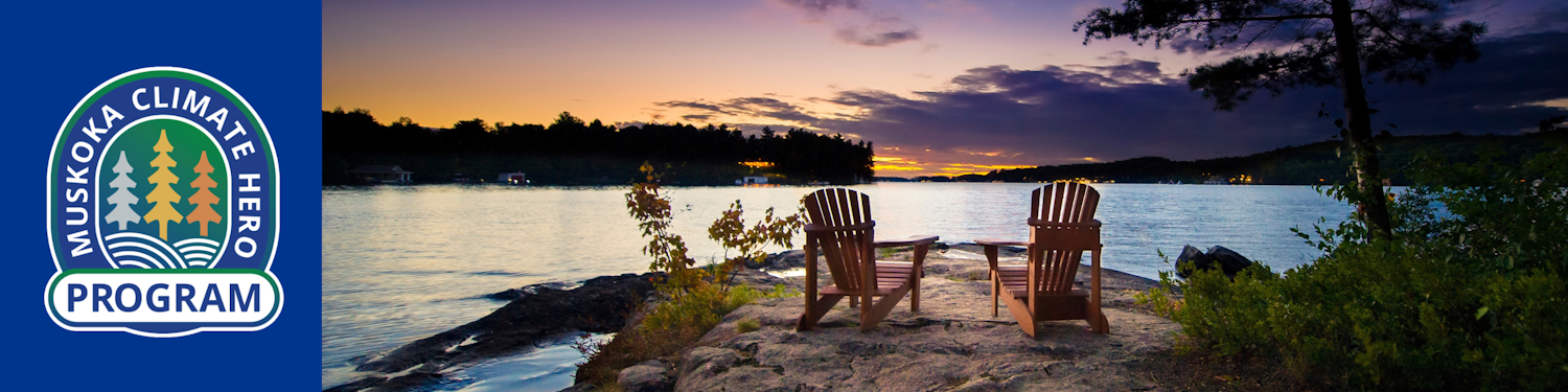 Two Muskoka chairs sitting on a rock face facing the water at sunset with the climate hero program logo to the left.