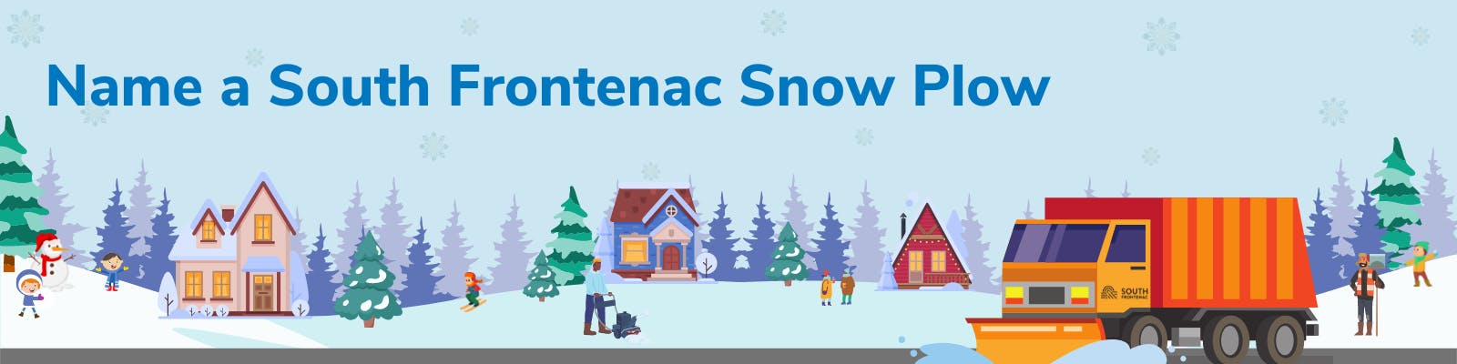 Snow plow naming contest header - winter landascape with plow, children, and people outdoors. 