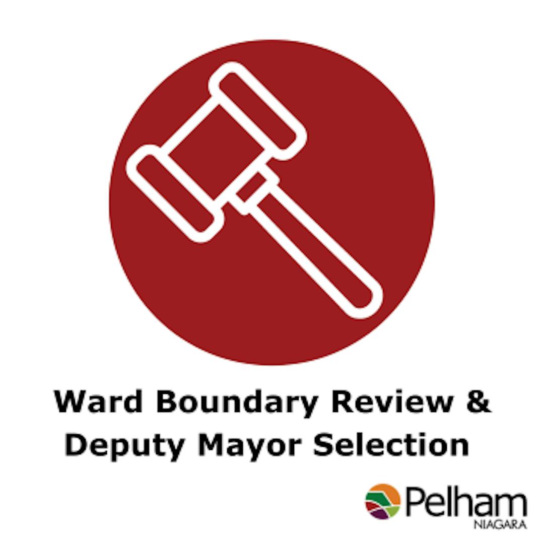 gavel on a red circle above the text ward boundary review and deputy mayor selection 