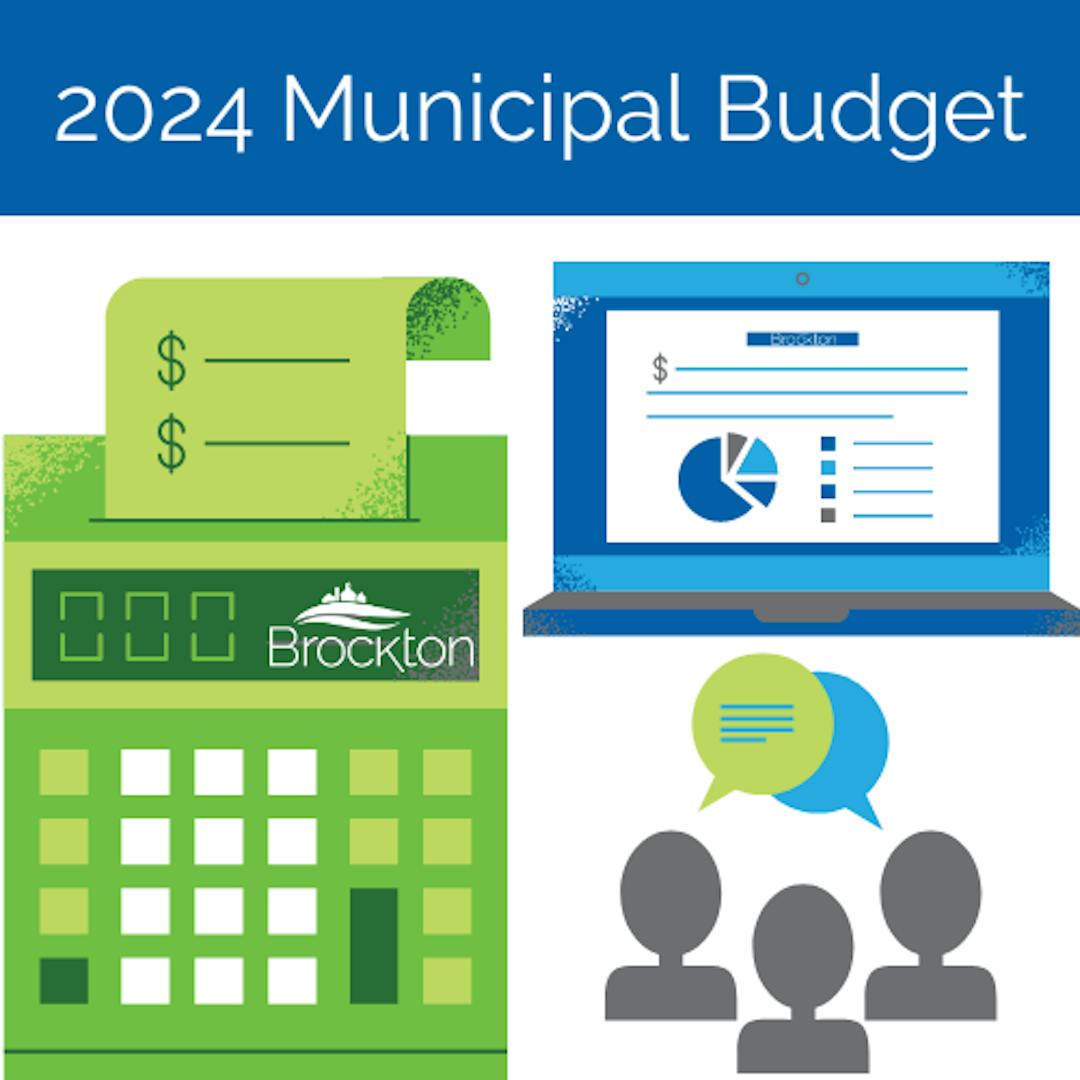 2024 Municipal Budget with calculator, computer with charts and graphs, three people discussing in speech bubbles