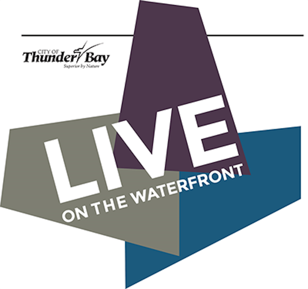 Colourful graphic with City of Thunder Bay logo and test: LIVE ON THE WATERFRONT