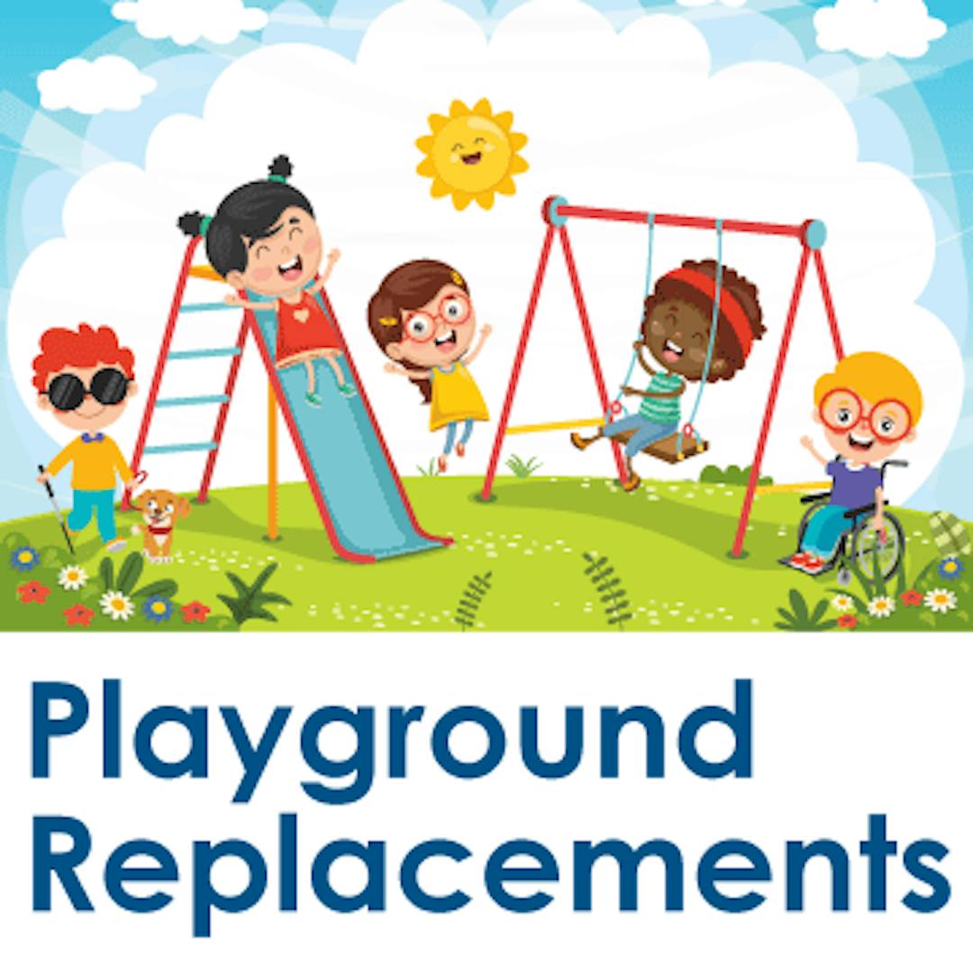 Illustration of children on playground with text reading "Playground Replacements" beneath.