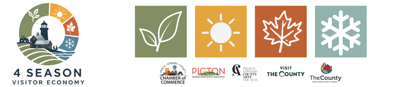 Four Season Visitor Economy with logos of the PEC Chamber, Picton BIA, County Arts, Visit The County and the municipality.