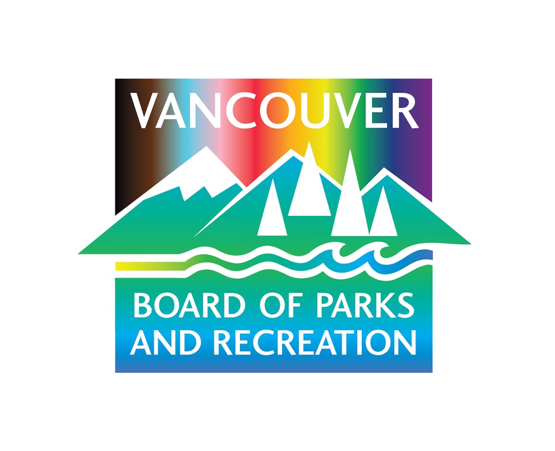 Vancouver Board of Parks and Recreation mountain, tree and water logo over background colours of the Inclusion Pride flag