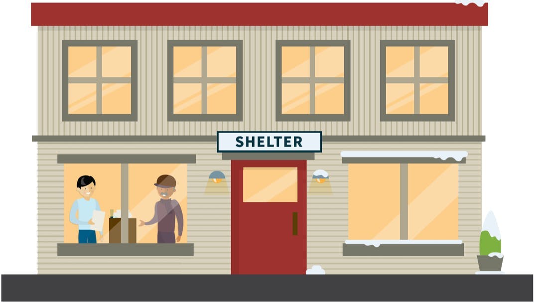 An illustration of a brick building with a sign that says "shelter."