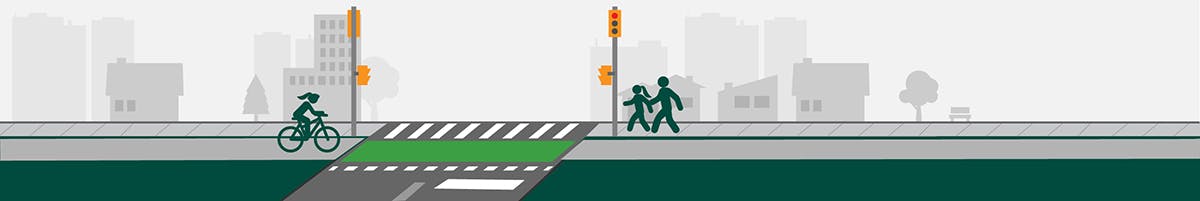 Banner graphic showing cyclist and two pedestrians using a signalized crossing