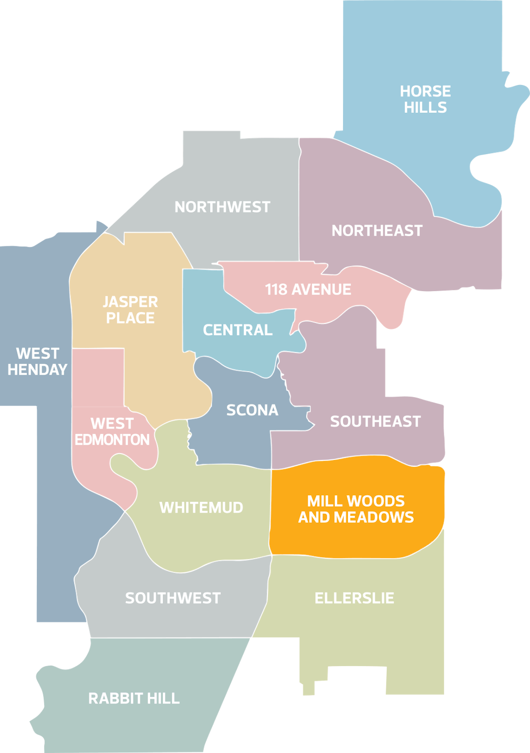 Highlighted Mill Woods and Meadows district within image of all 15 Edmonton districts