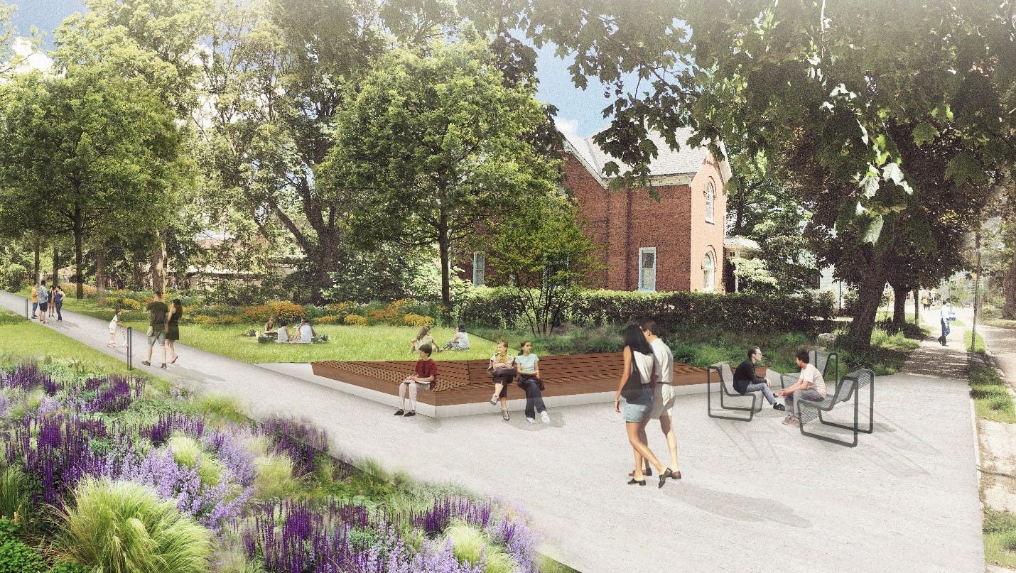 Artist impression of Alexandra Park with landscaping that includes natural and manufactured seating areas
