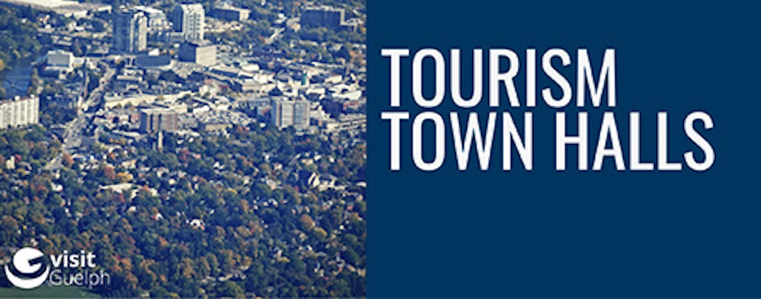Aerial view of the City with Visit Guelph Logo/ Tourism Town Halls in white on navy background 
