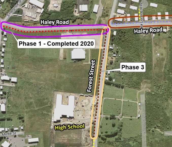 Map showing Phase 3 adding an extension of the trail from Haley Road westward down Forest Street, connecting to existing sidewalk in front of the high school.