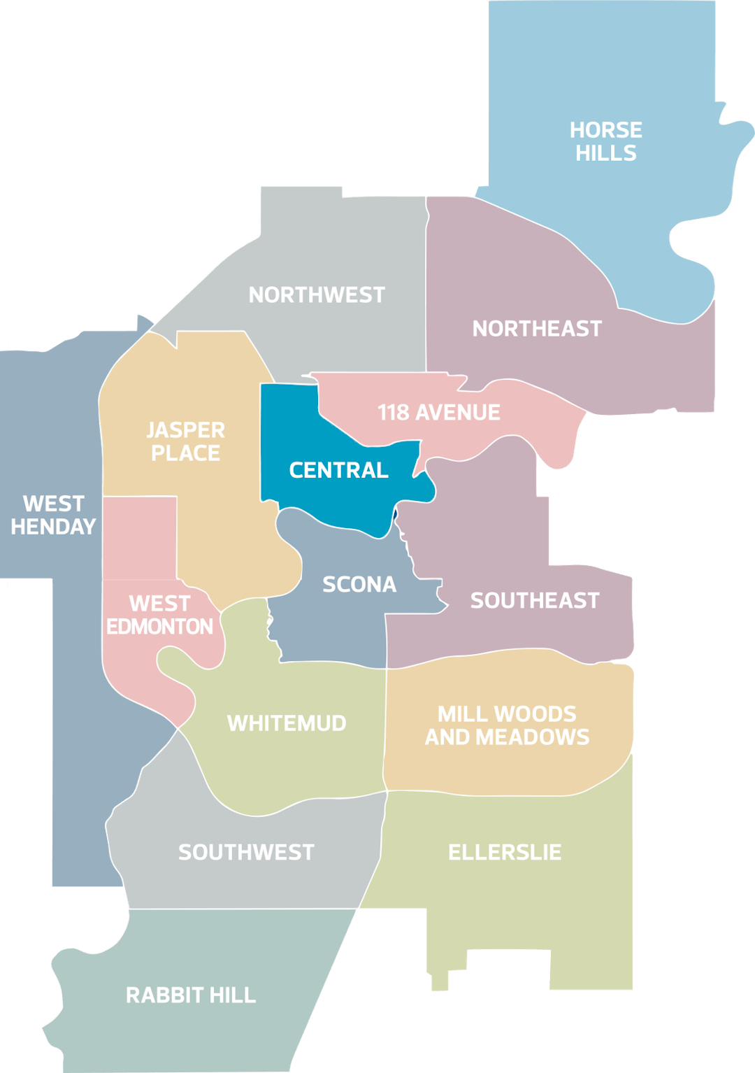 Highlighted Central district within image of all 15 Edmonton districts
