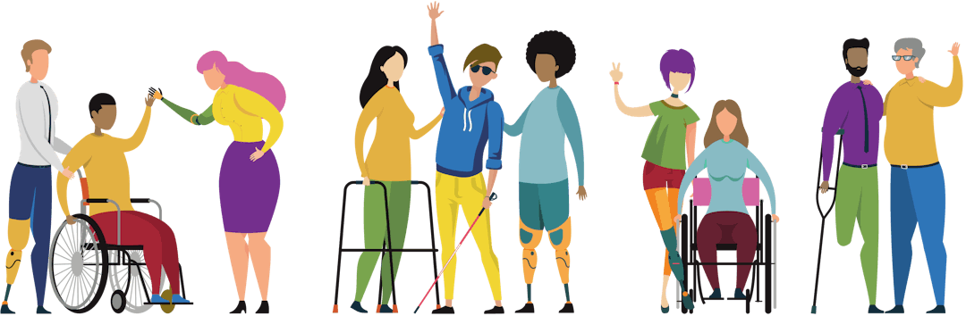 A graphic illustration shows 10 people with different disabilities standing in a row. A graphic illustration shows 10 people with different disabilities standing in a row. On the left side there is a white person with a prosthetic leg pushing a person of colour in a wheelchair who is high-fiving a white, feminine presenting person with pink hair prosthetic arm. Towards the middle a white feminine presenting person with a walker stands with a white person with dark glasses and a white cane who is waving at the viewer. A black person with two prosthetic legs stands beside them. On the center right, a white person with purple hair and a prosthetic leg rests a hand on the shoulder of a white person with brown hair in a wheelchair, and is showing a peace sign. On the far right, a person of colour who is missing their left leg from the knee down leans on a crunch and has their arm around a person with grey hair with no visible disability. Everyone looks happy.