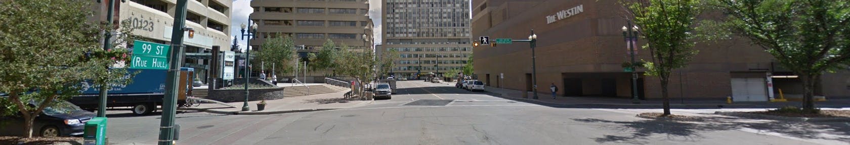 A colour image of 99 Street looking south from 102 Ave towards Jasper Ave (image courtesy of Google Street View)