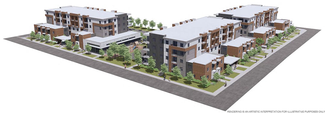 3D rendering of L-shaped modern residential buildings with brick and gray siding, balconies, trees, and parking areas