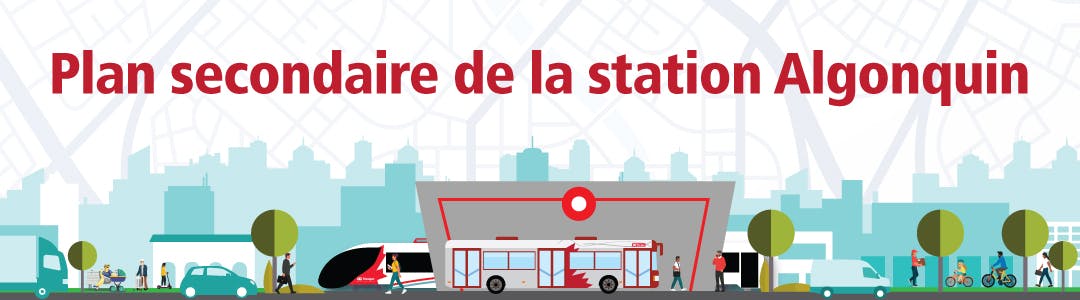 Illustration de voitures, d’autobus, de trains et de personnes à une station du TLR avec des bâtiments de la ville en arrière