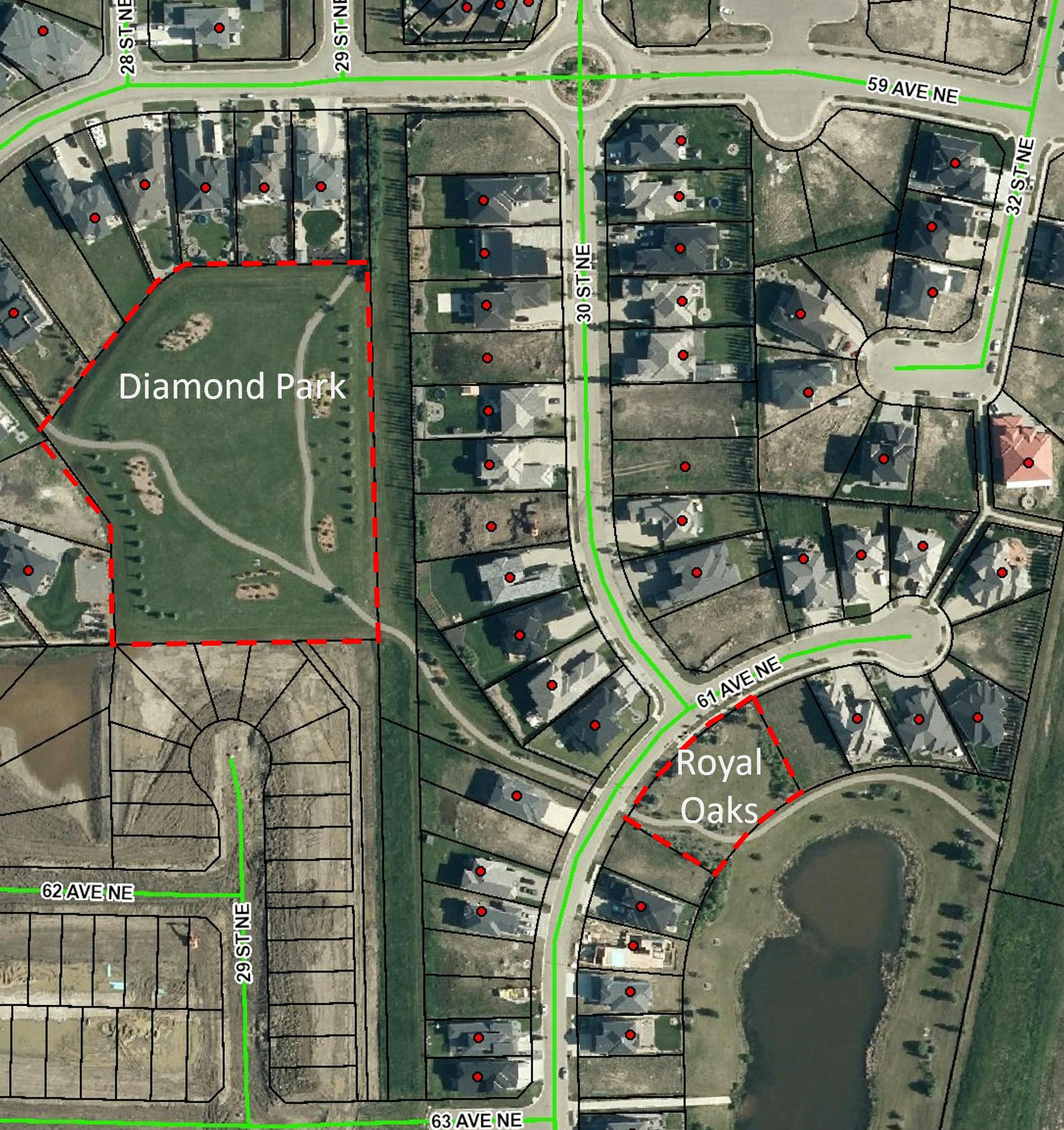 Aerial image of Diamond Park and Royal Oaks green spaces