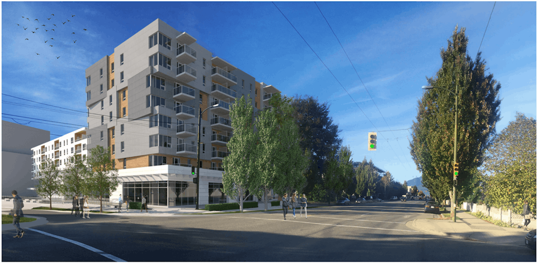 A rendering of an apartment building with a view of Main Street and the North Shore mountains.