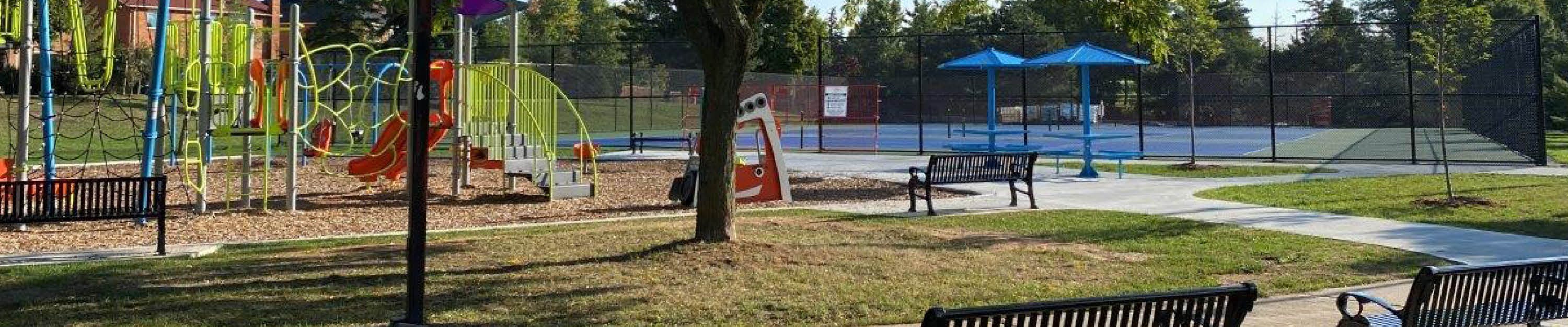 Playground with slides, covered structures and interactive features.