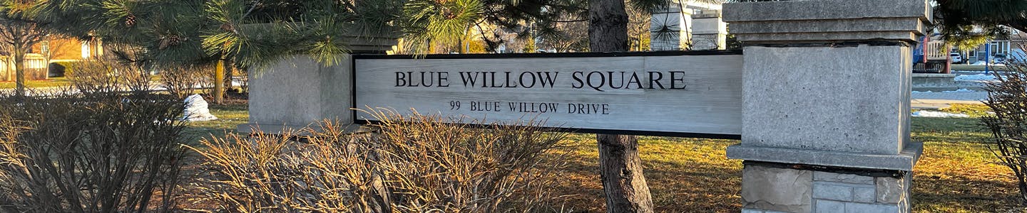 Entrance sign to Blue Willow Square, shrubs and trees.