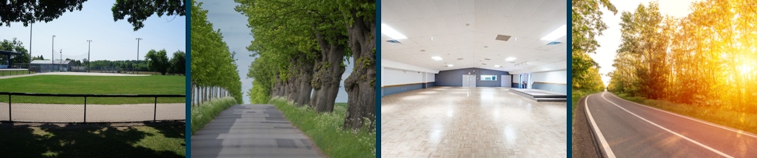 Picture of Township baseball diamond, tree lined road, Puslinch Community Centre Archie MacRobbie Hall, paved road.