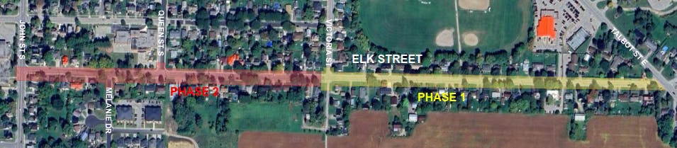 Map View of Elk Street Phasing - Phase 1 Talbot Street East to Victoria Street South, Phase 2 Victoria Street South to John Street South