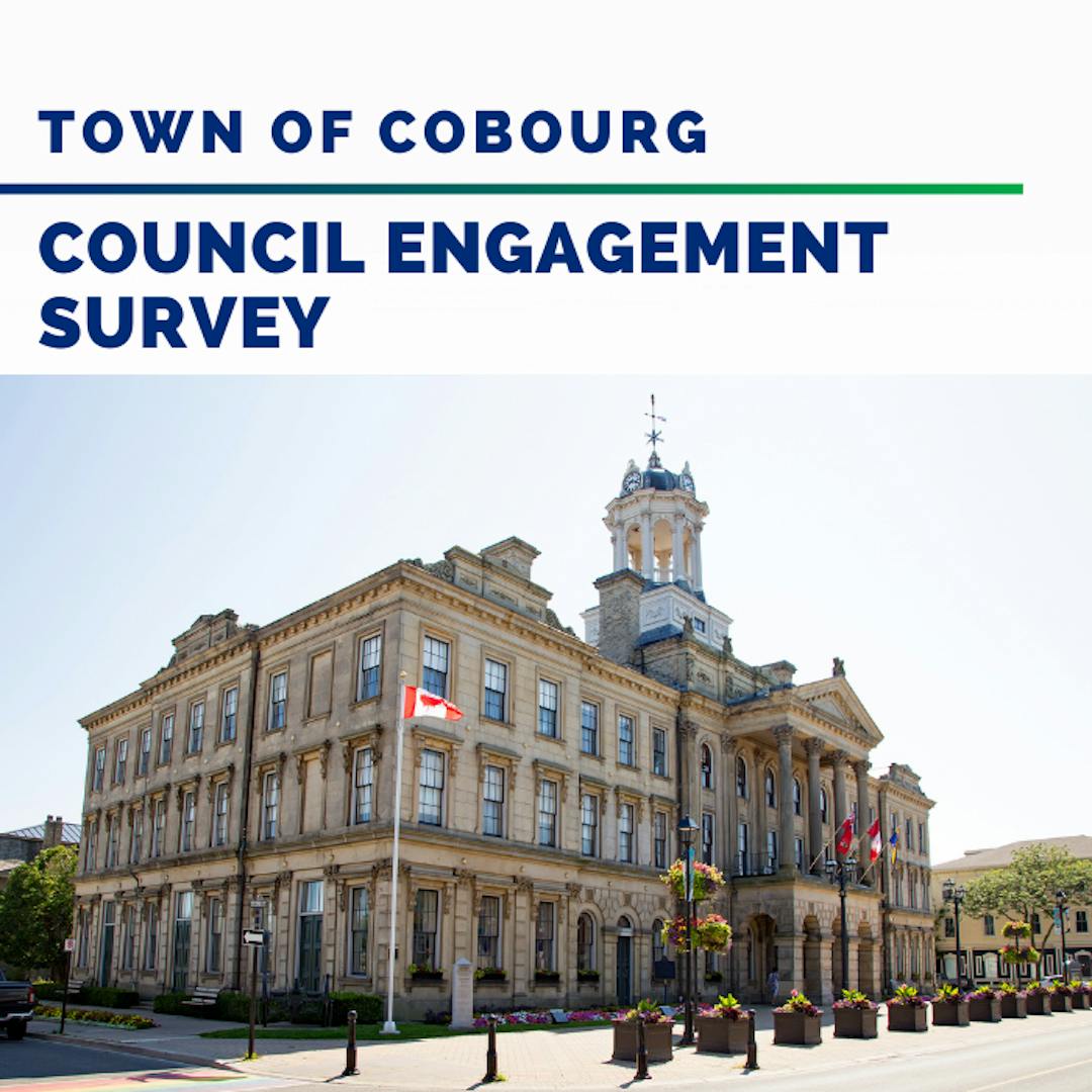 Project Cover Poster showing photo of Victoria Hall with wording Town of Cobourg Council Engagement Survey