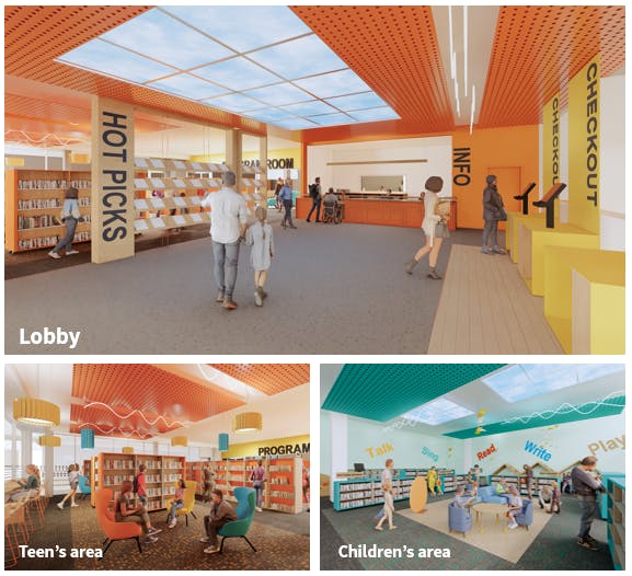 Theme 1: technology This theme uses technology as inspiration to make the library look bold and modern. Bright colours, special ceiling panels, and built-in lights make the space feel exciting and full of energy.
