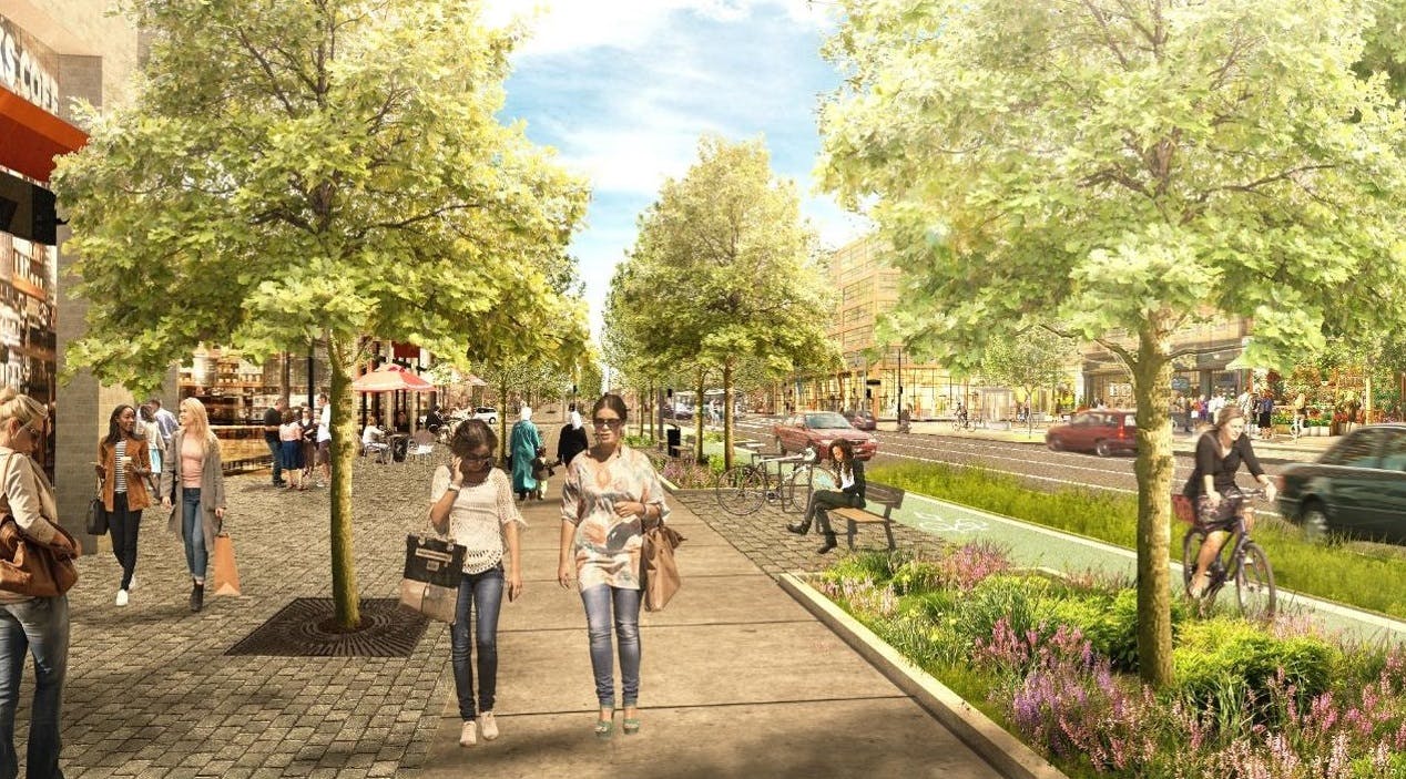 Graphic rendering of possible Uptown, a pedestrian-friendly, transit-supportive, multi-use neighbourhood.