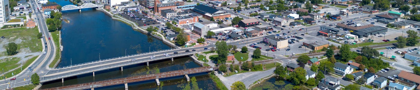 Aerial image of the dundas street bridge going over the Moira River.