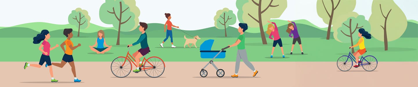 graphic of people engaging in park and trail activities such as yoga and biking