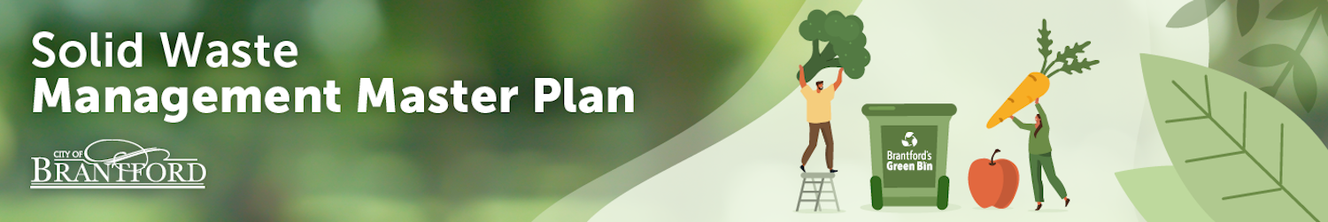 Solid Waste Management Master Plan text over green leaves background and people placed organics into a green bin
