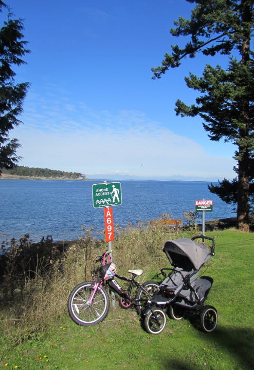 Bike and stroller at beach access, Saturna Island