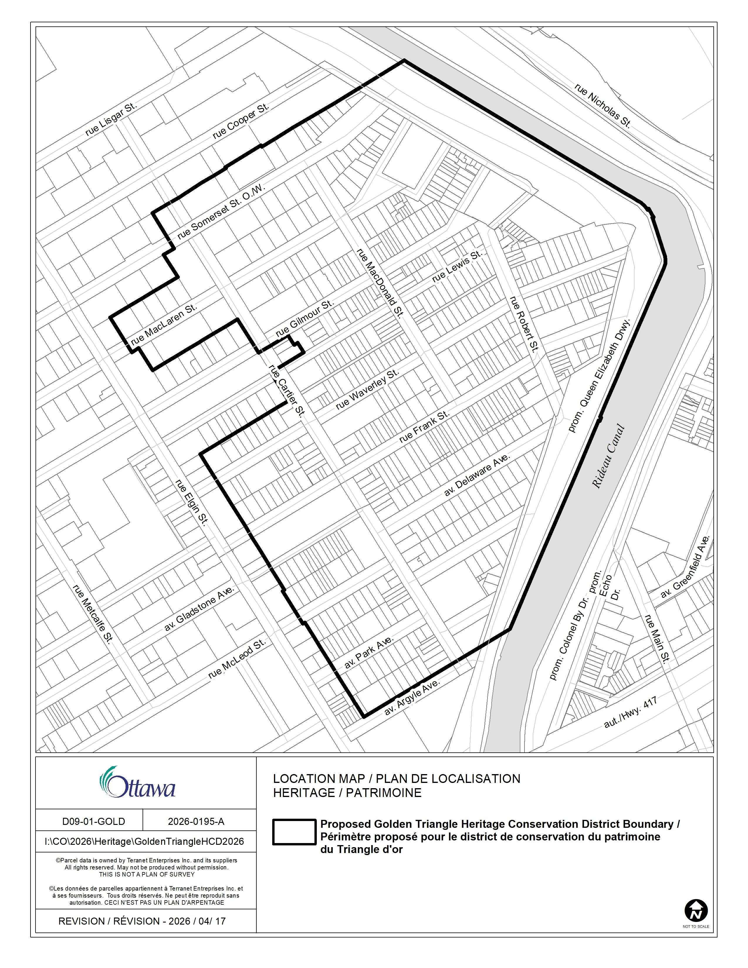 A black and white map of the Golden Triangle neighbourhood in downtown Ottawa.