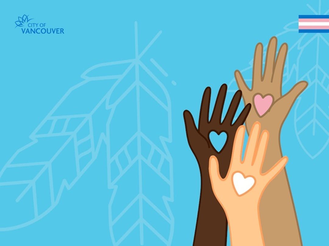 Image of three hands with different skin tones and hearts in their centres. Transgender flag shown in blue, white and pink.