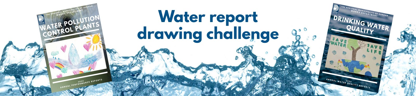 An image of two report covers displaying child-like drawings against a splashing water background.