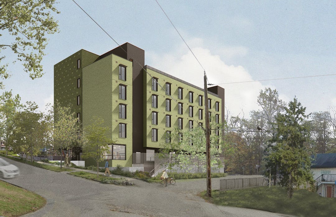 Render of a green low rise building on a slope