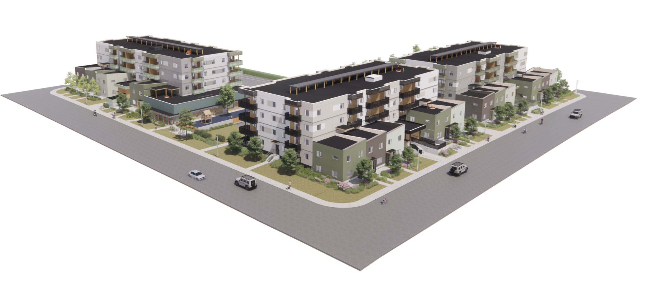 An aerial rendering of a U-shaped residential development at a street corner, consisting of multi-story apartment buildings with black balconies and adjacent townhomes, surrounded by sidewalks, trees, and parked cars.