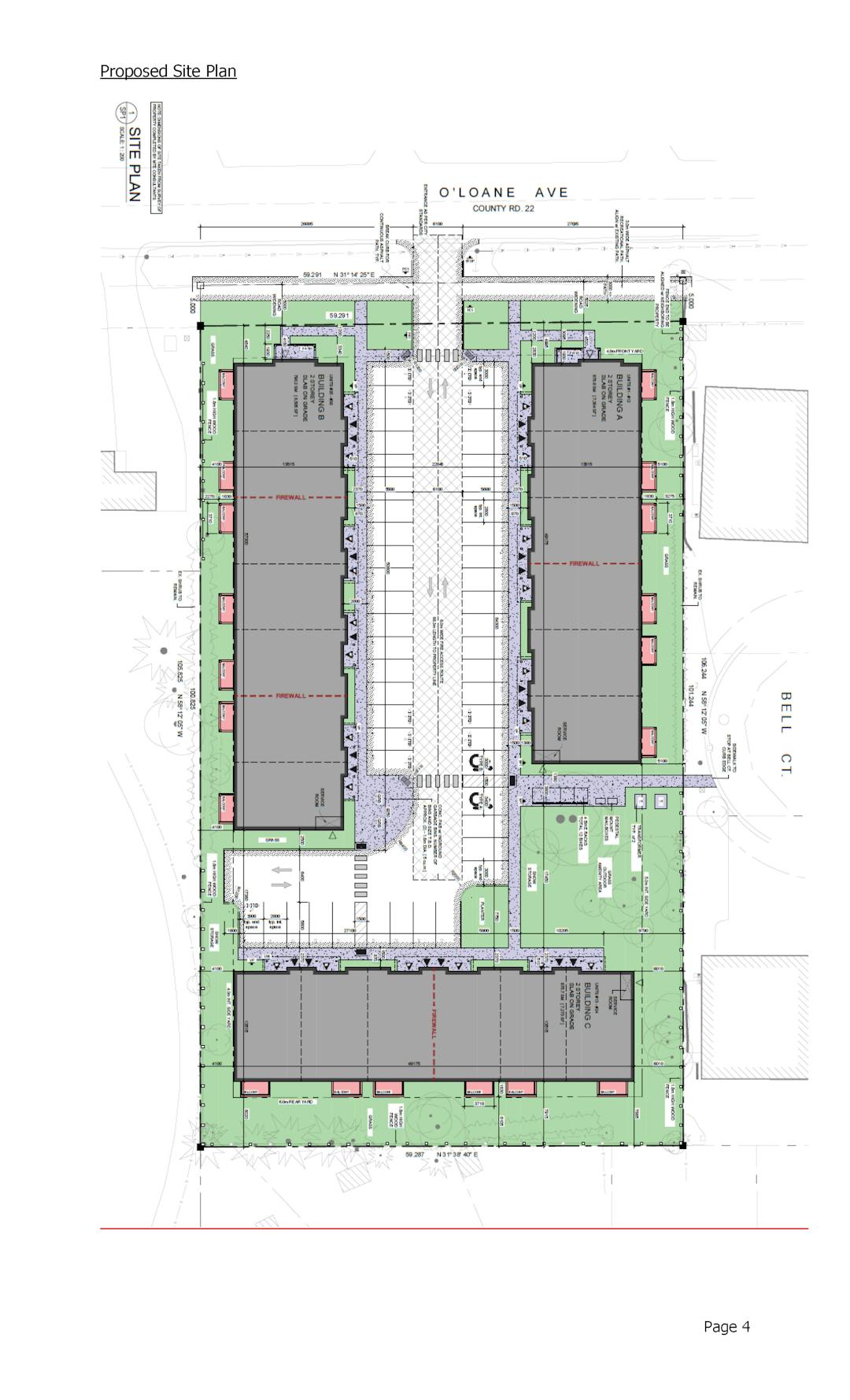 Proposed site plan with location of buildings, roadways and landscaping.